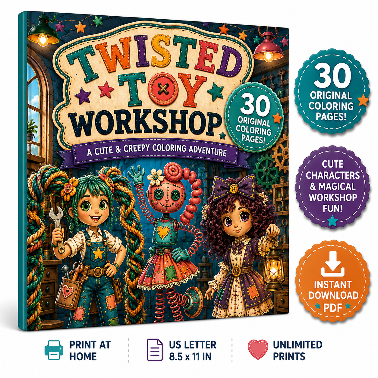 Twisted Toy Workshop: A Cute & Creepy Coloring Book — 30 Printable Pages (Instant Download)