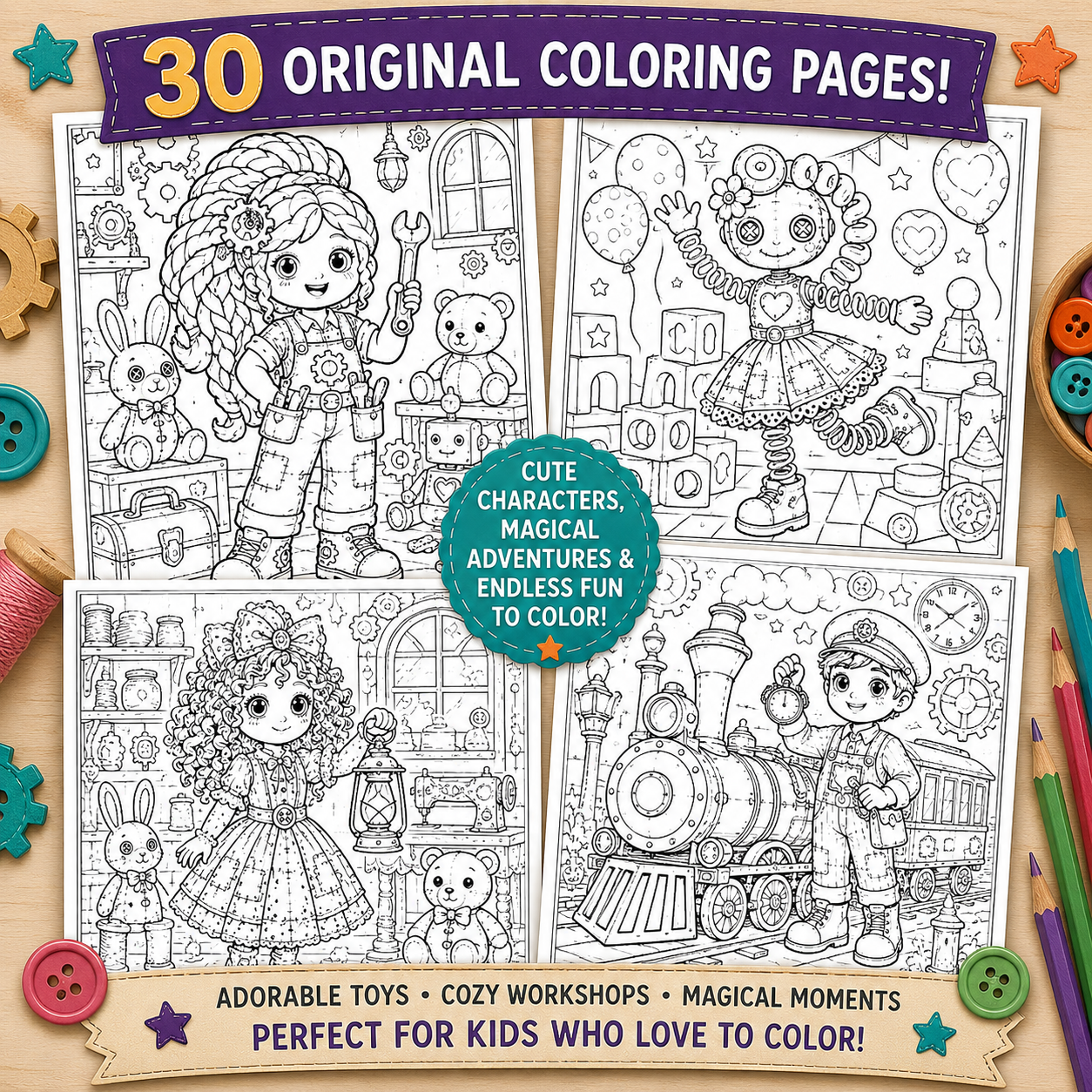 Twisted Toy Workshop: A Cute & Creepy Coloring Book — 30 Printable Pages (Instant Download)