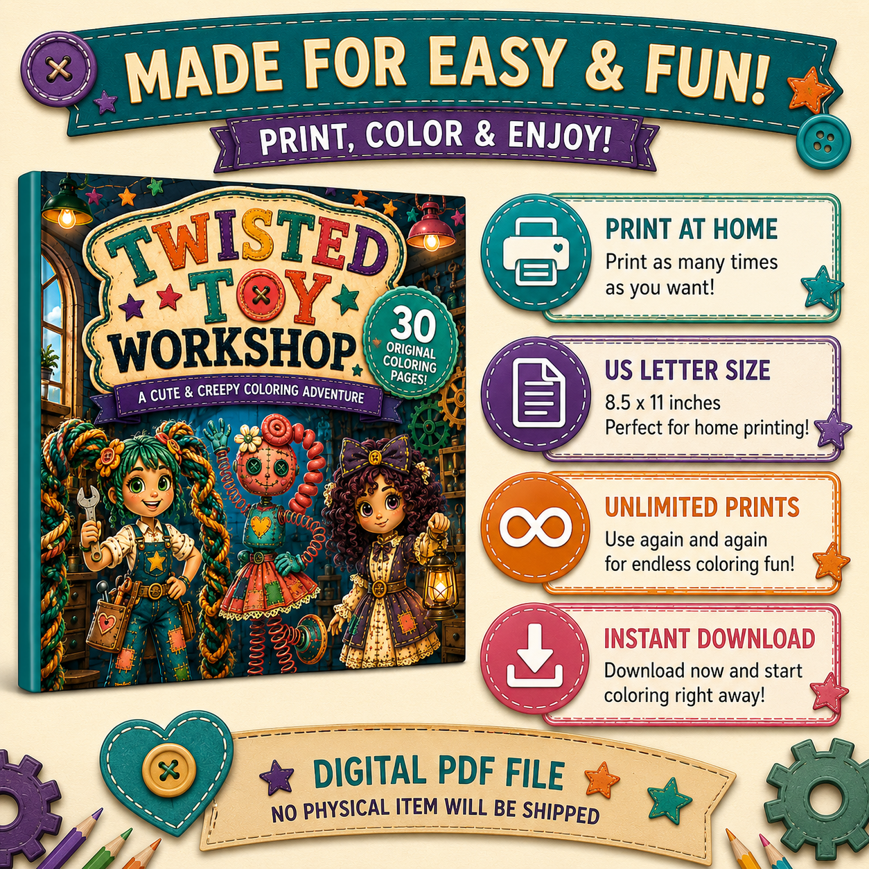 Twisted Toy Workshop: A Cute & Creepy Coloring Book — 30 Printable Pages (Instant Download)
